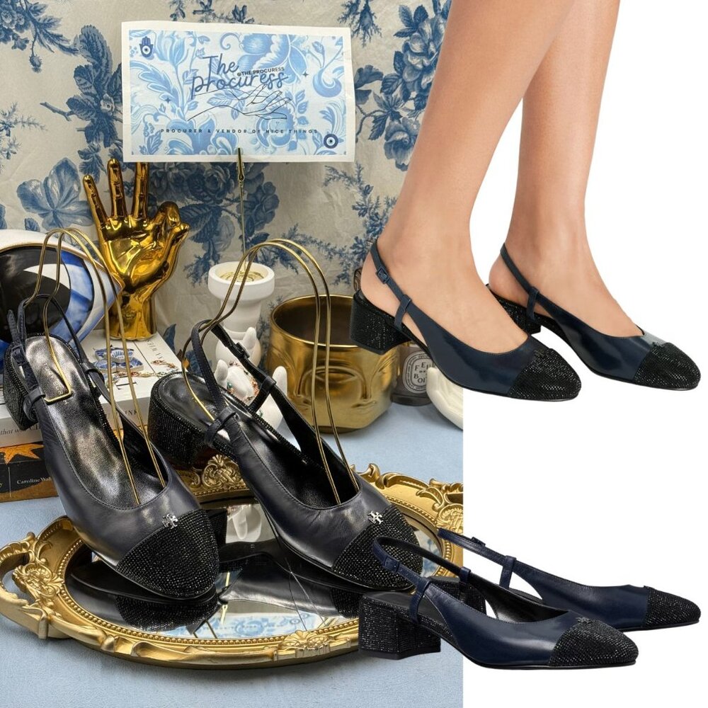 🆕 TORY BURCH 🧿 NWOB Cap-Toe Pavé Slingback Pump, Black & Navy - Sz 7M